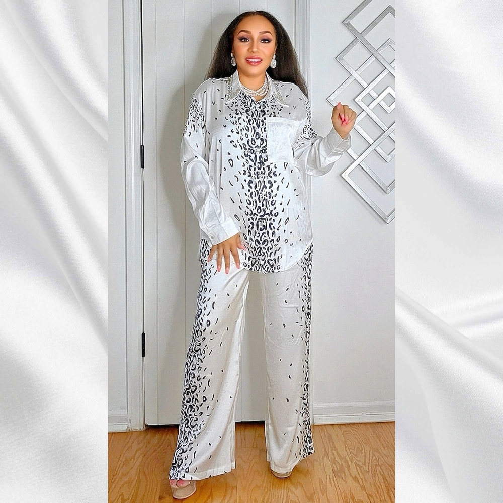 White & Black Animal Print Pant/Top Set
